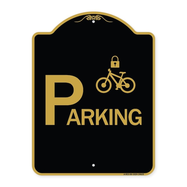 Parking With Cycle and Lock, Black & Gold Aluminum Architectural Sign, 18" x 24", BG-1824-24625